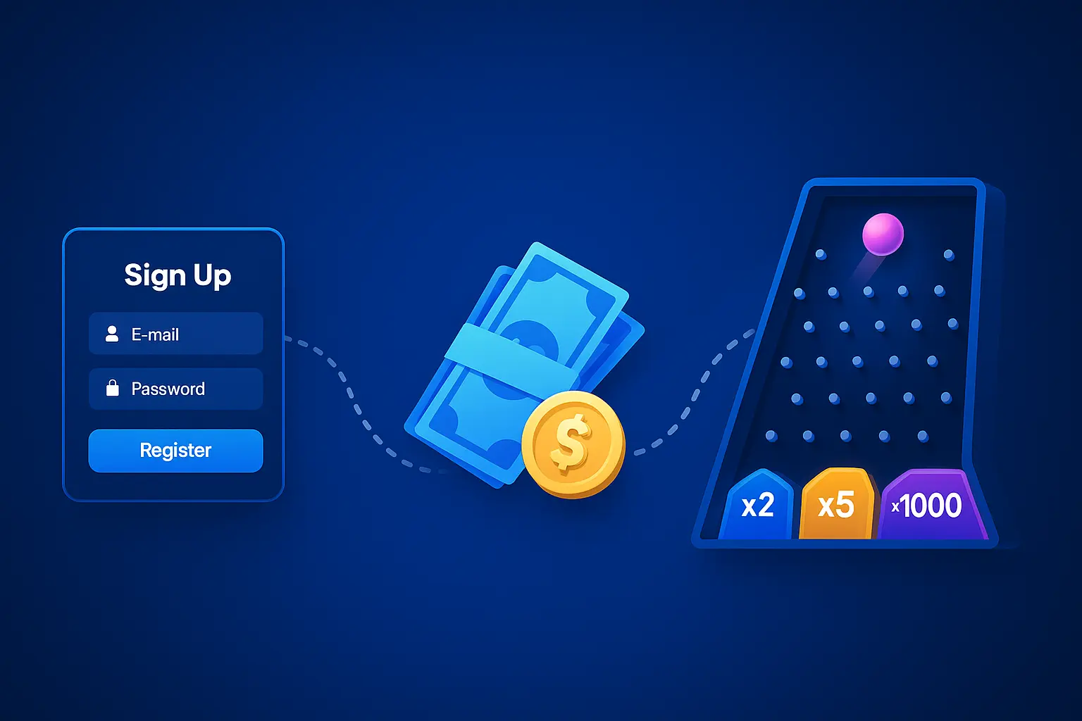 How to Start Playing Plinko at 1win in 3 Easy Steps: Register an account, make a deposit, and launch Plinko with a dotted line showing the flow.